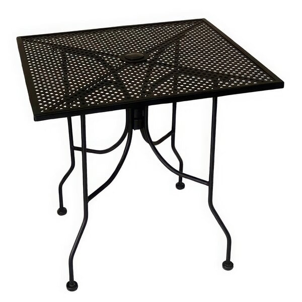 A black American Tables & Seating outdoor table with a square lattice top.