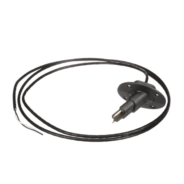 A black wire with a round end and a plug on it.