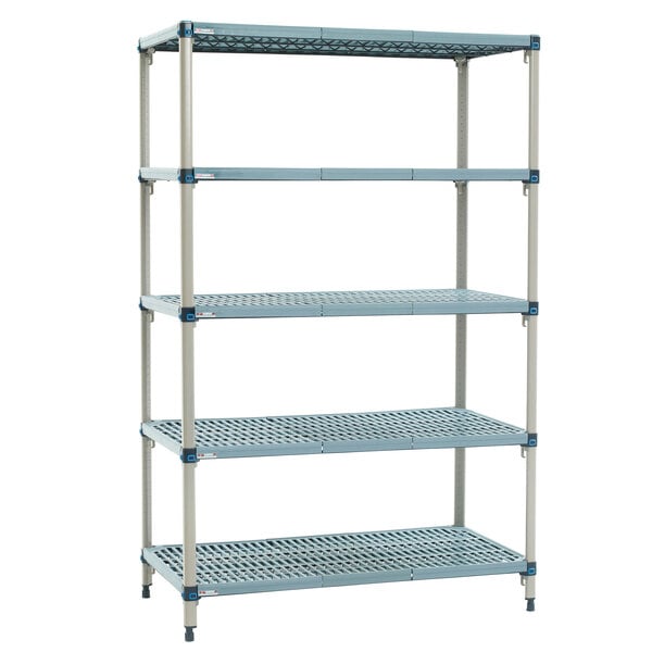 A MetroMax Q metal shelving unit with four shelves.