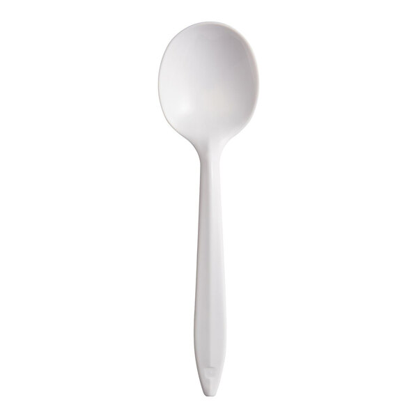 A white plastic soup spoon.