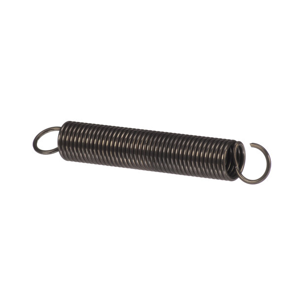 A metal spring with a black metal hook.