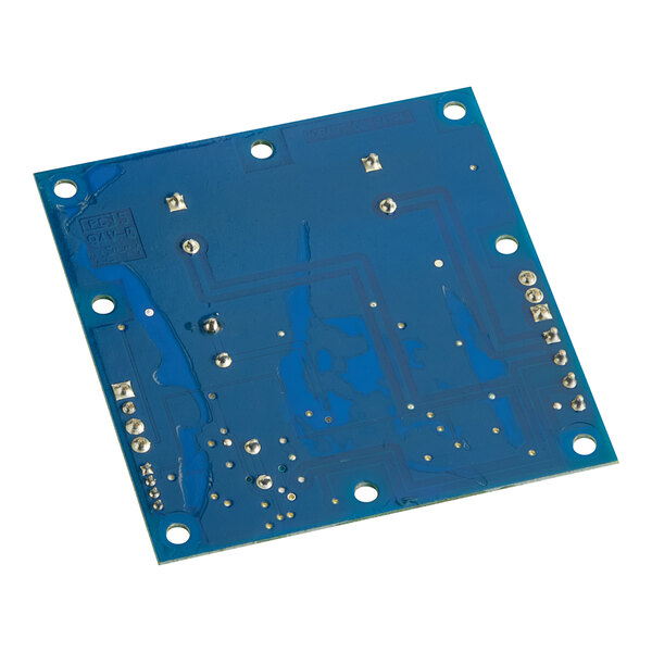 A blue circuit board with many small holes.