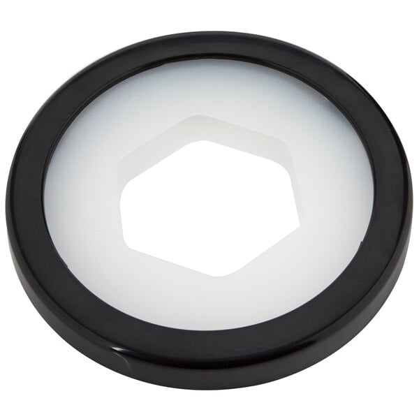 A white square San Jamar cup dispenser gasket with a black and white circular object.