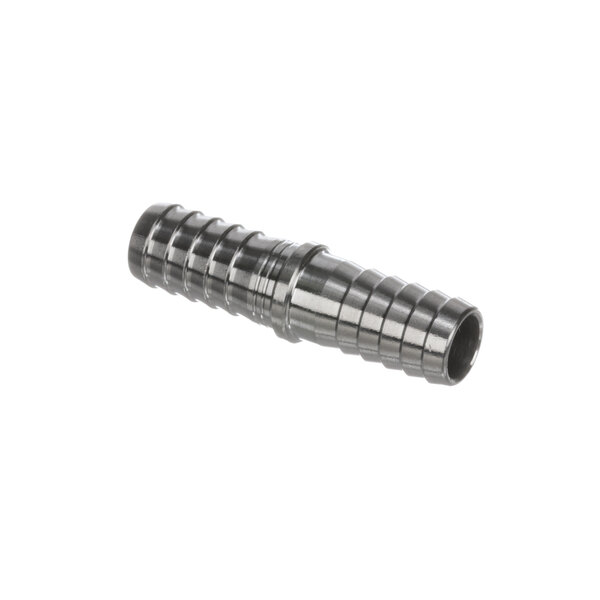 A stainless steel Lancer splicer with 3/8 inch barb fittings.