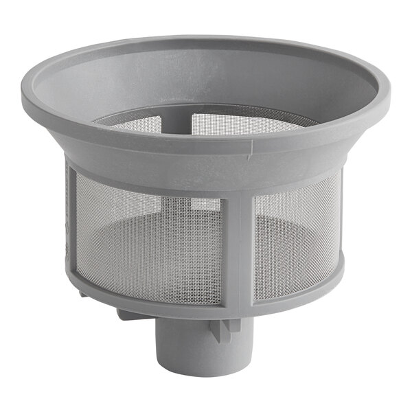 A grey plastic strainer with fine mesh.