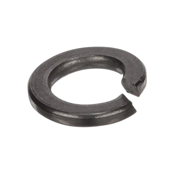 A close-up of a black metal split lock washer with a hole in it.