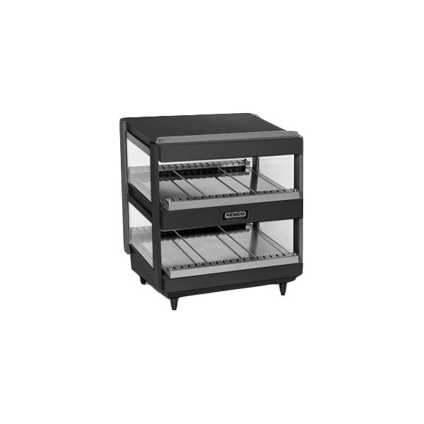 A black, two-shelf countertop display case with glass sides and slanted shelves.