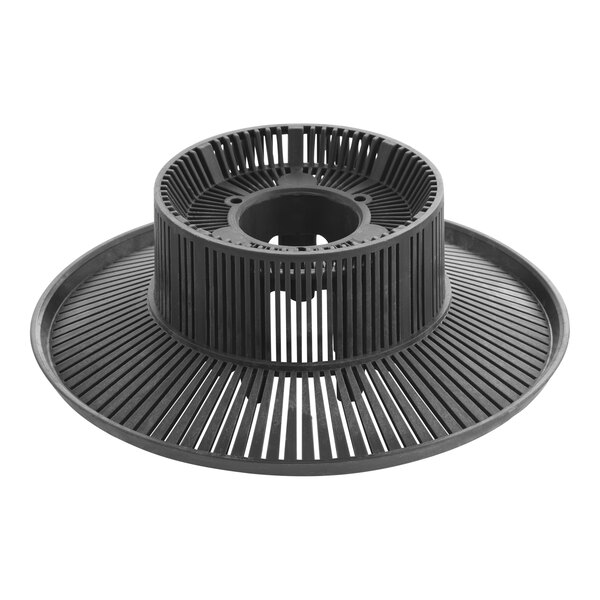 A round, black plastic component with vertical and horizontal slats, featuring a raised central section and a wide outer rim.