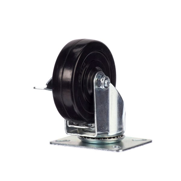 A black wheel with a metal corner.