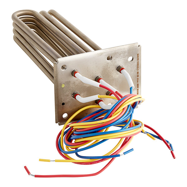 A Hobart heating element with colored wires on metal plates.