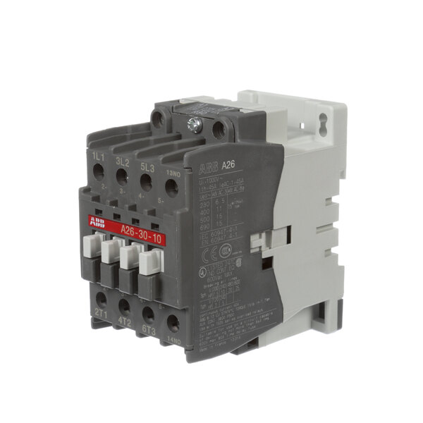 A close-up of a grey and white Pizzamaster Contactor with three contacts.