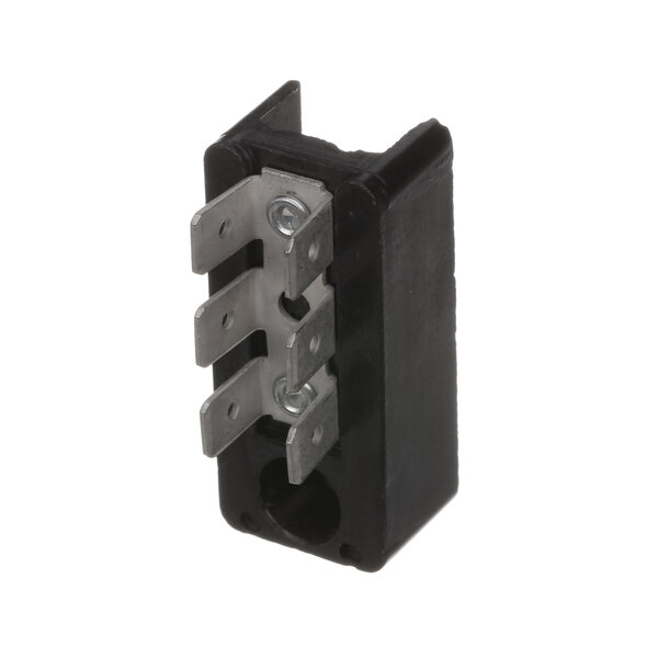 A black and silver Amana block-terminal with two screws.