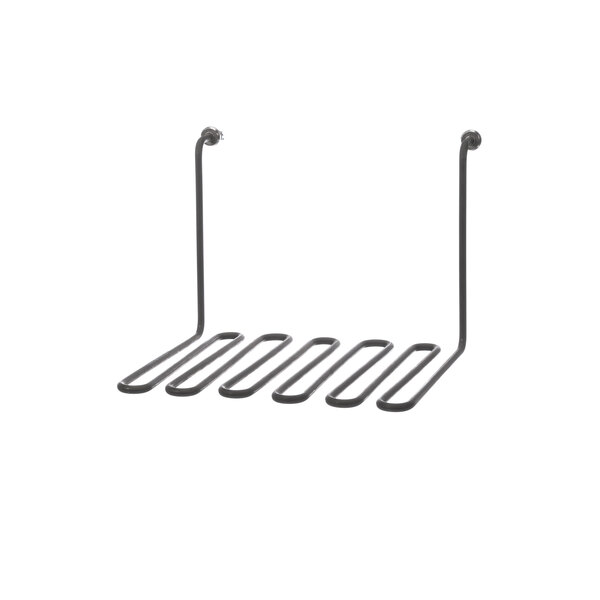 A black metal heating element with four hooks.