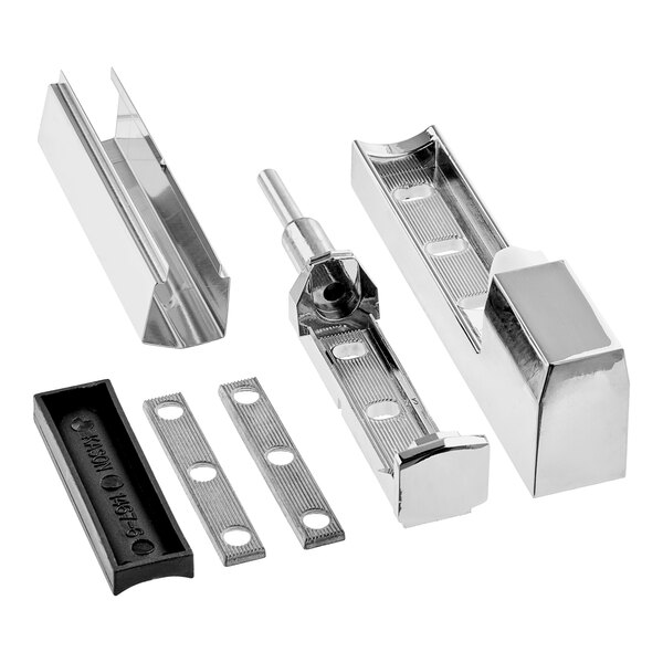 A group of stainless steel hinges for a door.