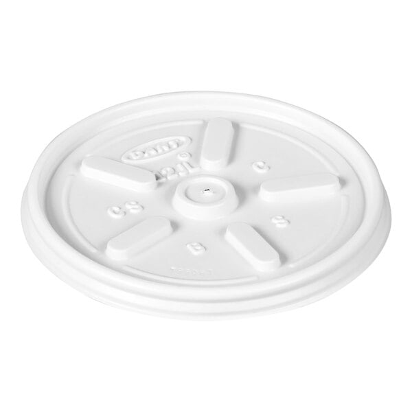 A white plastic vented lid designed for disposable cups.