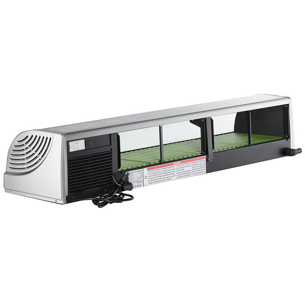 A long silver Hoshizaki refrigerated sushi display case with a glass shelf.