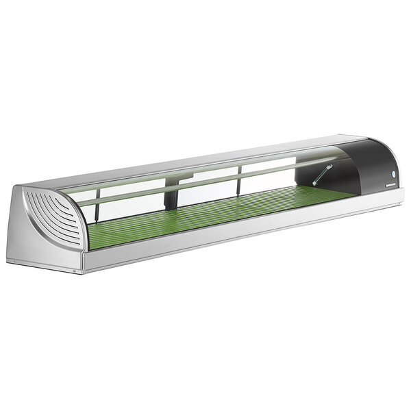 A Hoshizaki refrigerated sushi display case with a green shelf.
