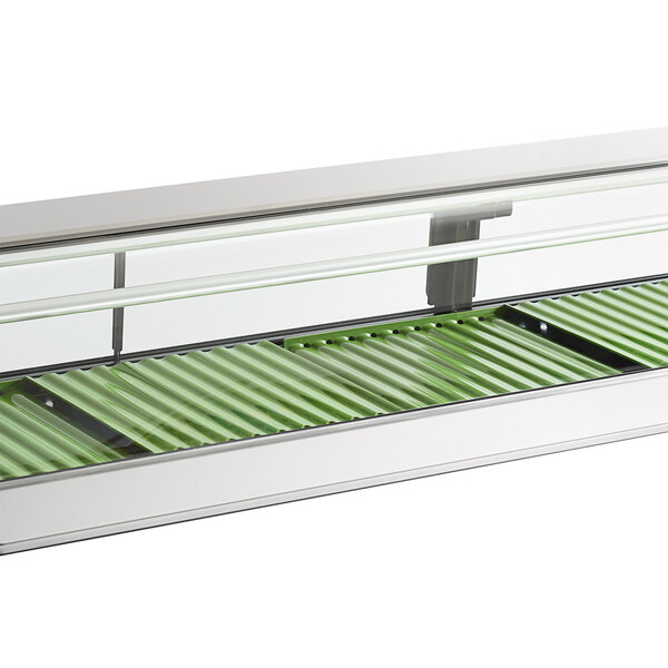 A Hoshizaki refrigerated sushi display case with glass shelves and green rollers.