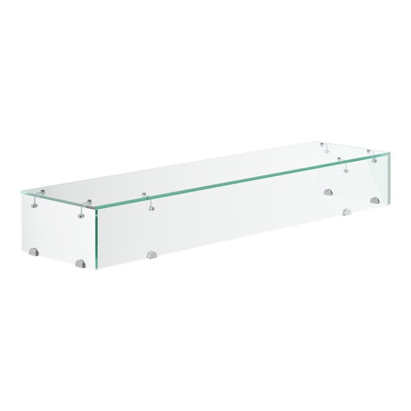 An Avantco glass sneeze guard shelf with metal legs.