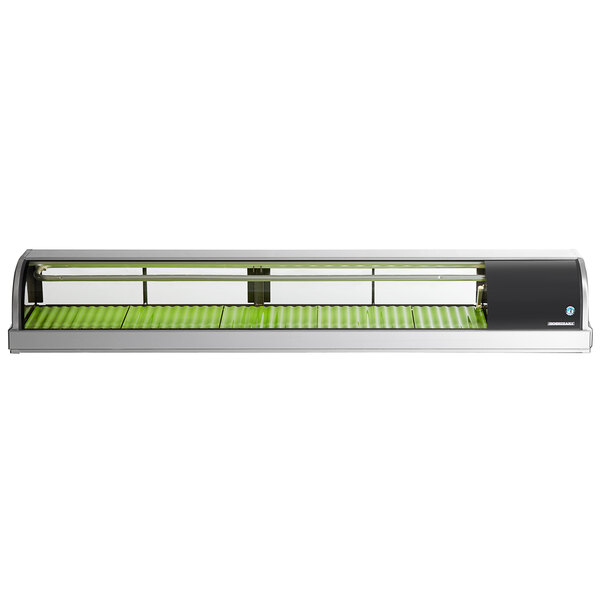 A green and white Hoshizaki refrigerated sushi display case with a curved glass top.