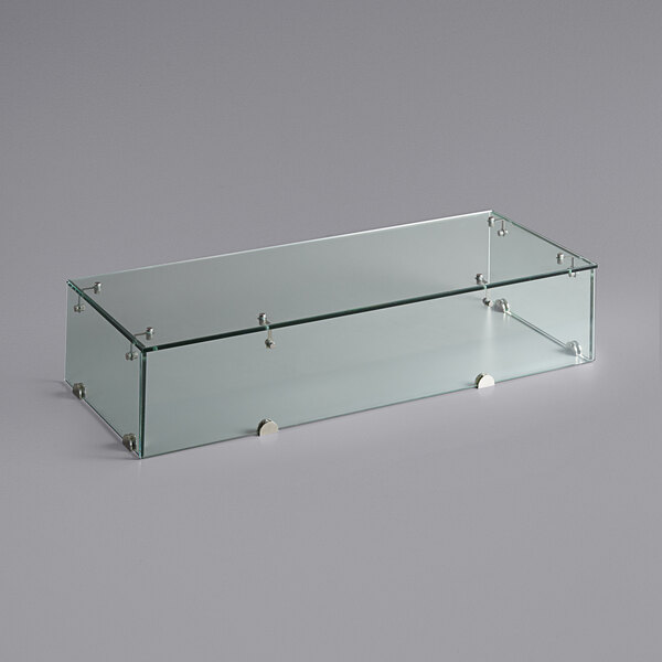 An Avantco glass sneeze guard with metal shelves and holders.