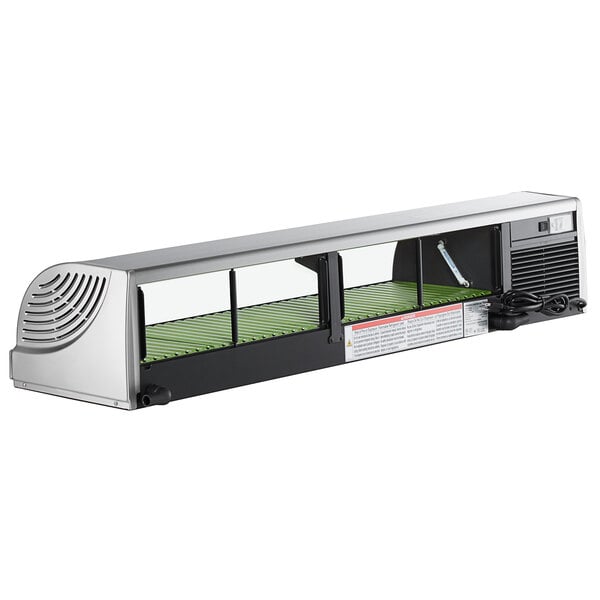 A Hoshizaki curved glass refrigerated sushi display case with a glass door.