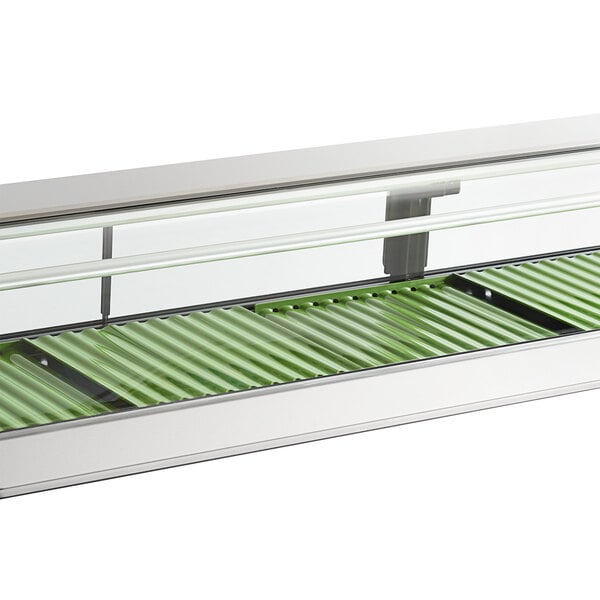 A Hoshizaki refrigerated sushi display case with glass shelves and green plastic rollers.