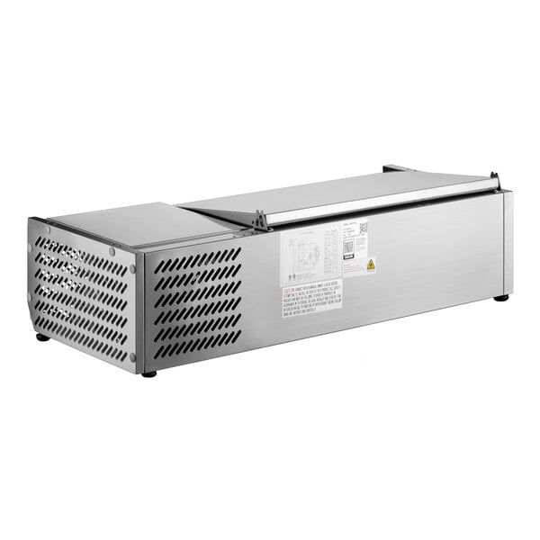 A stainless steel 40-inch countertop refrigerated prep rail.