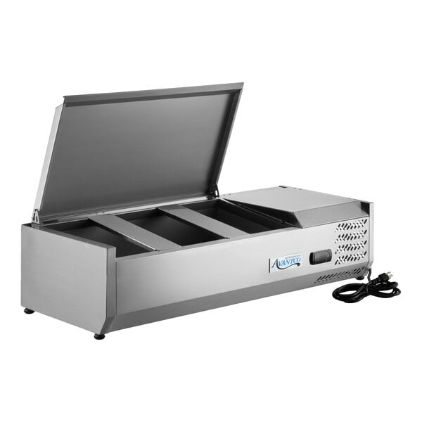 A stainless steel 40-inch countertop refrigerated prep rail with a hinged lid and multiple compartments for food storage.