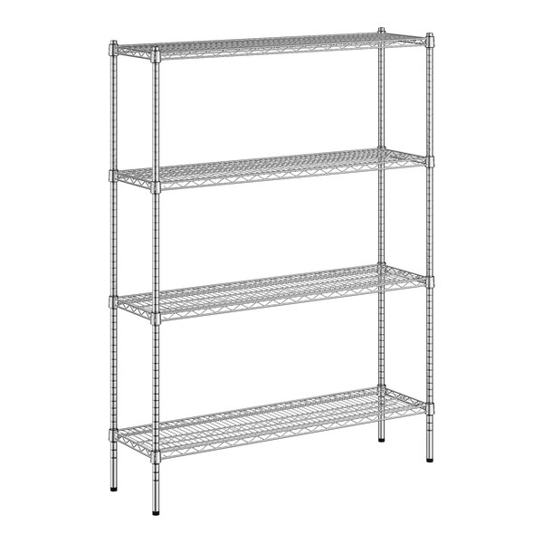 A wireframe of a Regency metal shelving unit with four shelves.