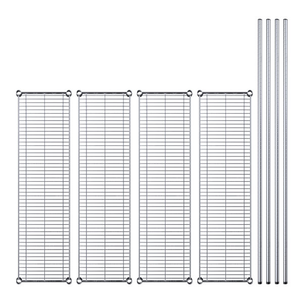 A Regency chrome wire shelving kit with four shelves and metal rods.