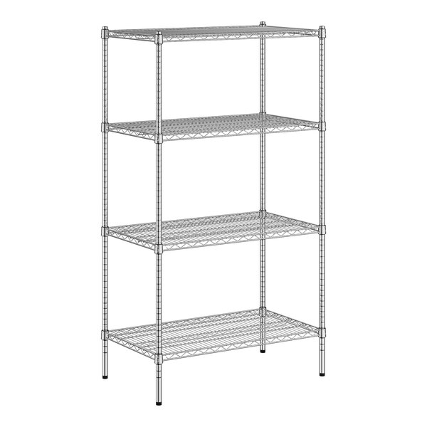 A wireframe of a Regency chrome stationary wire shelving unit with four shelves.