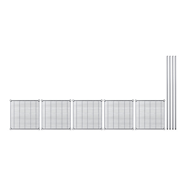 A white square grid with metal shelves and posts.