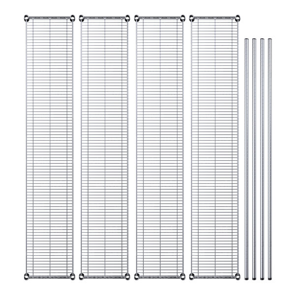 A Regency chrome wire shelving kit with four metal shelves and metal rods.