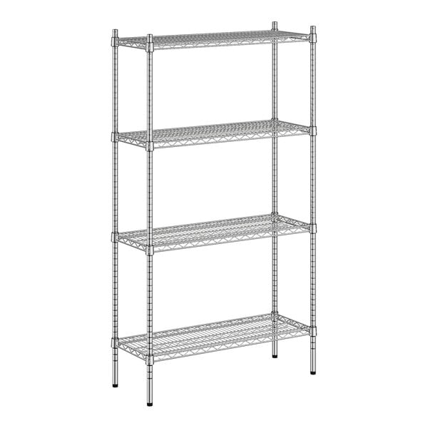 A wireframe of a Regency chrome stationary shelving unit with four shelves.