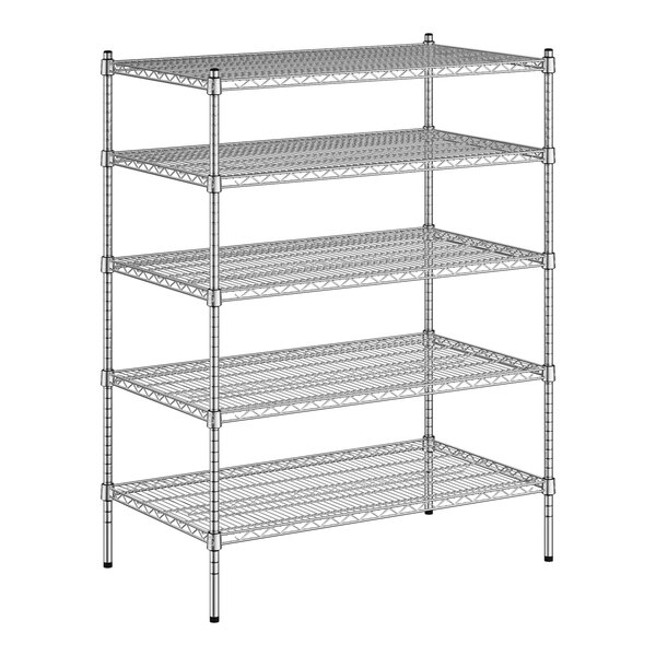 A wireframe of a Regency metal wire shelving unit with five shelves and chrome posts.