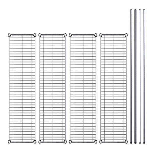 A Regency chrome wire shelving kit with four shelves and metal rods.
