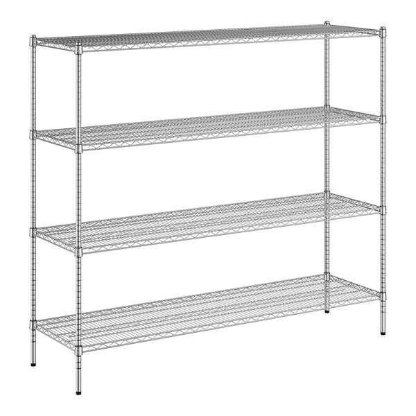 A wireframe of a Regency chrome stationary wire shelving unit with four shelves.