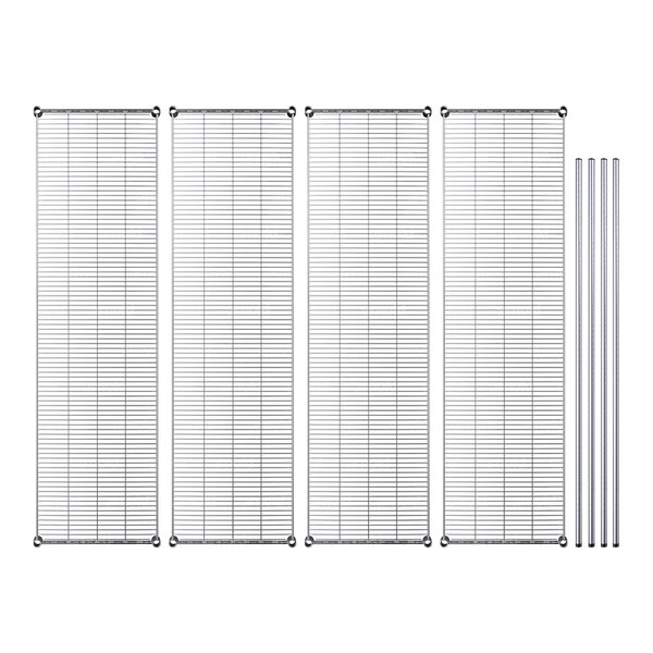 A Regency chrome wire shelving kit with metal shelves, rods, and frame.