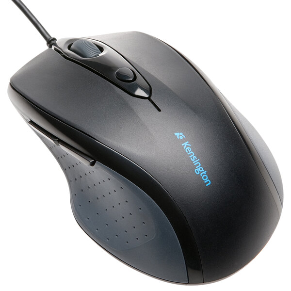 A black Kensington ProFit wired computer mouse with a blue and black cord.