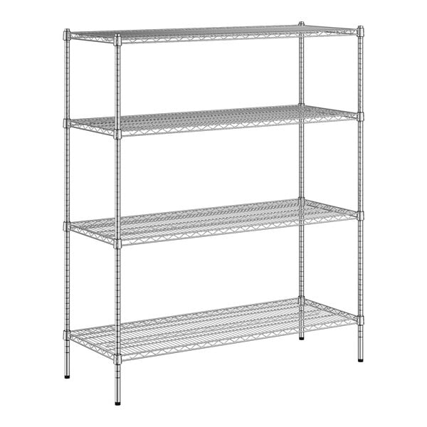 A wireframe of a Regency chrome wire shelving unit with four shelves.