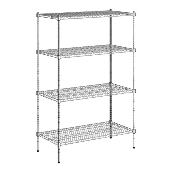 A wireframe of a Regency chrome wire shelving unit with four shelves.