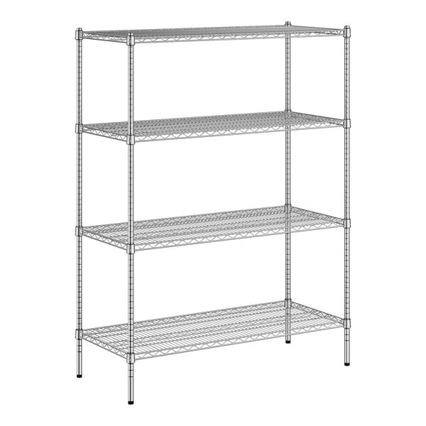 A wireframe of a Regency stationary 4-shelf kit. A metal shelving unit with 4 shelves.