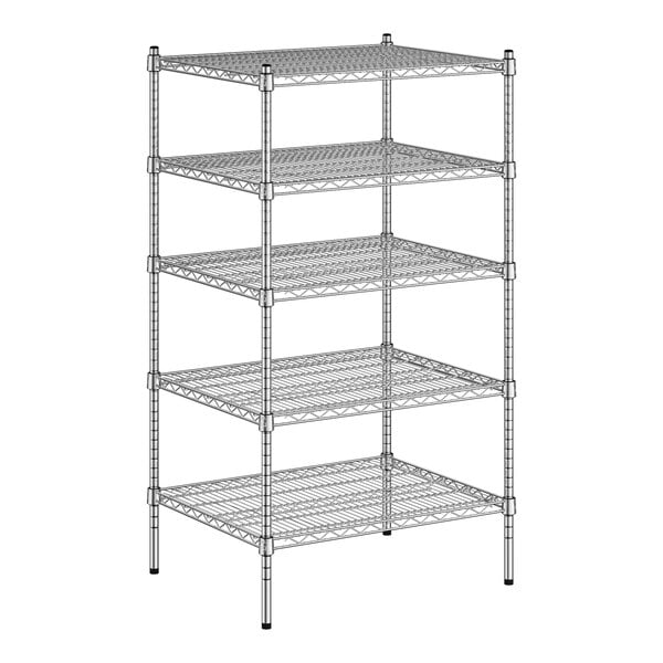 A wireframe of a Regency metal wire shelving unit with four shelves.