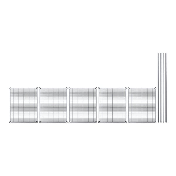 A row of metal grids with white paper on one shelf.
