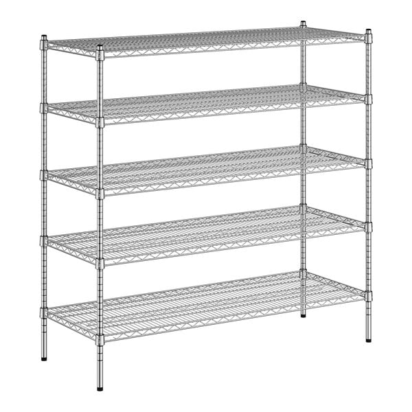 A wireframe of a Regency chrome wire shelving unit with four shelves.