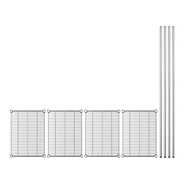 A white wire shelving unit with metal grid shelves and bars.