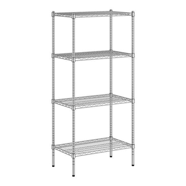 A wireframe of a Regency chrome wire shelving unit with four shelves.