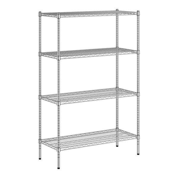 A wireframe of a Regency chrome wire shelving unit with four shelves.