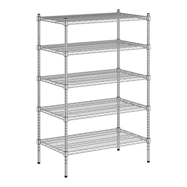 A wireframe of a Regency metal shelving unit with four shelves.